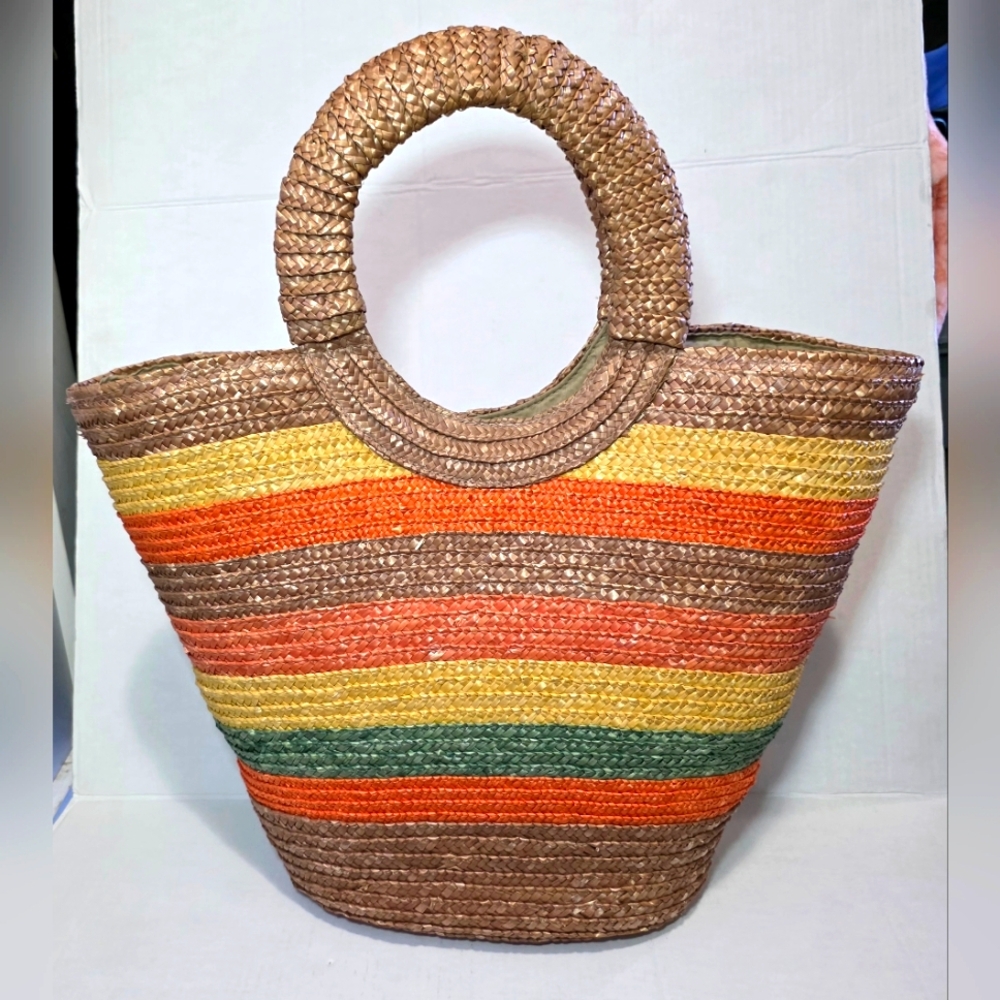 Large Straw Lined Ratan Woven Striped Tote Bag Boho Western Beach Shopping